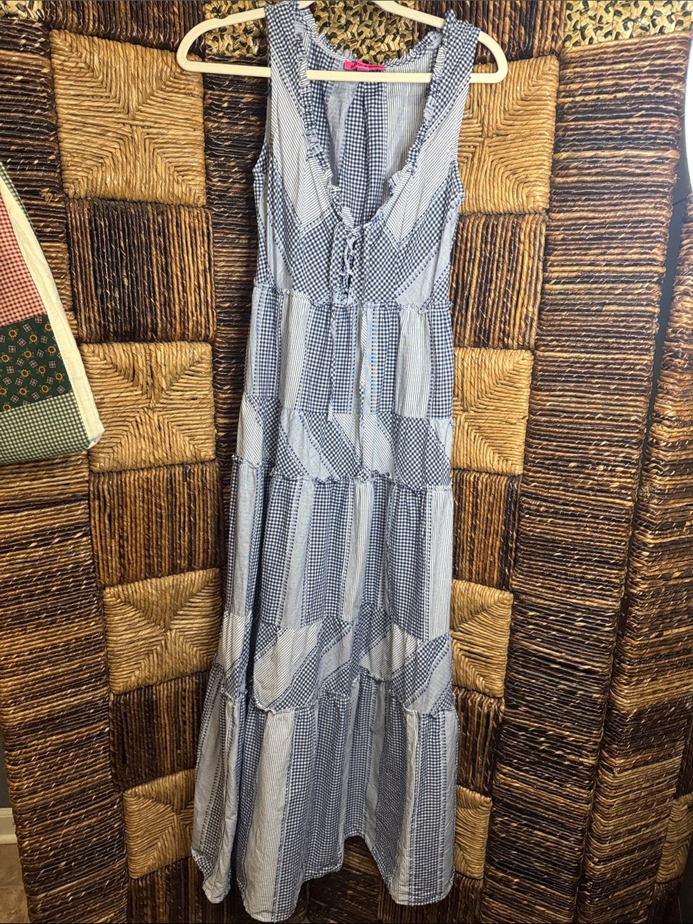 Betsey Johnson Blue & White Gingham Lace-Up Maxi Dress